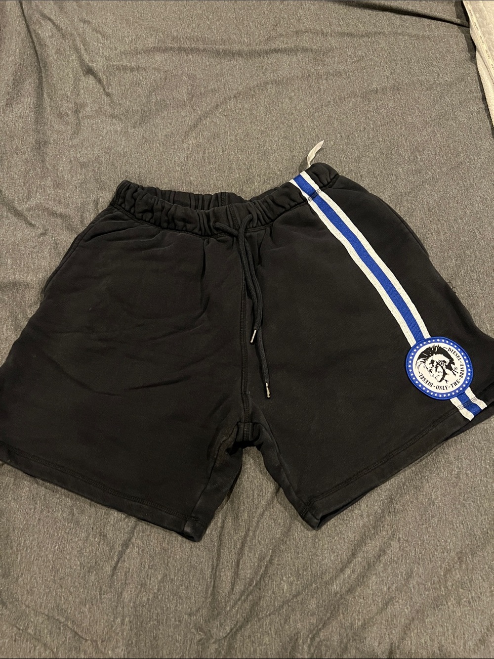 Vintage Diesel Black Athletic Shorts with Blue and White Side Stripe
